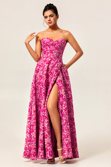 Fuchsia Floral Strapless Corset A-Line Wedding Guest Dress with Pockets